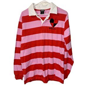 Harley Quinn Red Pink Striped Rugby Collared Shirt Size Large